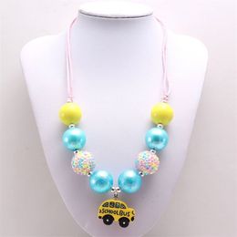 Mode Baby klobige Kaugummiperlen Halskette mit Schulbus Anhänger für Mädchen Kinder DIY Seil Kette Halskette Kinder Geschenk 1365 B3