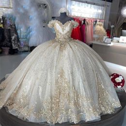 champagne sweet 16 dresses Canada - Sparkly Princess Quinceanera Dresses champagne Appliques Ball Gown Beaded Formal Prom Graduation Gowns Sweet 15 16 Dress
