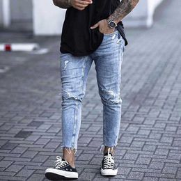 Casual Skinny Jeans Ankle Length Ripped Denim Pant Zipper Fly Men Clothing Cut Bottom Pencil Pant Light Blue Cowboys Streetwear 210622