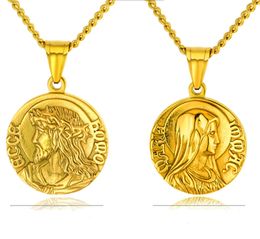 316 Stainless Steel Round Gold Jesus Pendant Notre Dame Holy Lady Madonna Mother of Christ Catholic Necklace Men and women Jewellery