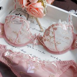 Briefs Panties Seven Exquisite Embroidery Lotus Pink Ultra-Thin Womens Sexy Transparent Lace Underwear Bra Lingerie Set L2304