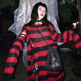Gothic Punk Hole Stripe Tshirt Women Pastel Goth Fairy Grunge Harajuku Top Oversized Dark Aesthetic Plus Size Emo alt Clothes 210720