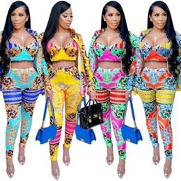 Cutubly Strap Women'S Set Retro Print Sexy 3 Two Piece Set Crop Top Long Sleeve Cloak And Pencil Leggings Pants Set Suit Outfit Y0625