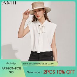 Minimalism Summer Women's Blouse Offical Lady Solid Bow Neck Chiffon Shirt Causal Tops 12140505 210527