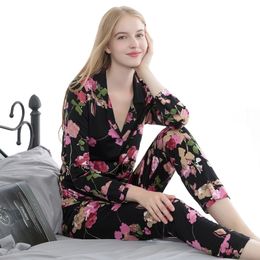 New Women Vintage 100% Real Mulberry Silk Pajamas Sleepwear Suit Home Clothing SI0015 210203