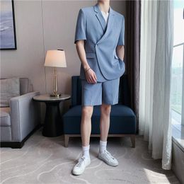 Men's Tracksuits 2Pieces Summer Solid Thin Loose Casual One Button Blazer Jacket + Shorts Sets Simple Business Formal Wear 2XL-M