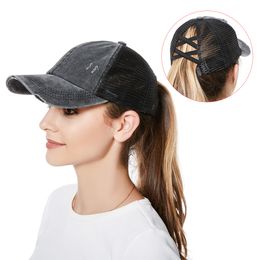 S2462 Europe Fashion Ponytail Baseball Cap Crossed Mesh Washed Denim Vintage Outdoor Sports Peak Caps Women Hat