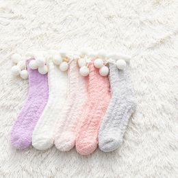 Women Girls Solid Color Middle-tube Socks With Plush Pompom Cute Coral Fleece Floor Slippers Socks Daily Casual Socks For Boots