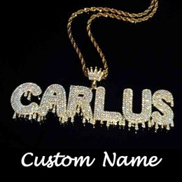 Icy Crown Bail Drip Initials Name Plate CZ Diamond Custom Letters Pendant Necklace For Men Women Bling Hip hop Jewellery