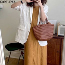 Korejpaa Women Set Summer Korean Chic Retro Round Neck Sleeveless Back Slit Dress Lapel Two Button Short Sleeve Blazers 210526