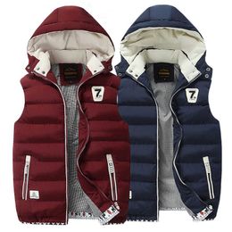 Men's Winter Sleeveless Jacket Casual Waistcoat Men Windbreak Hooded Outerwear Warm Hat Detachable Down Vest Men Plus Size 5XL 211009