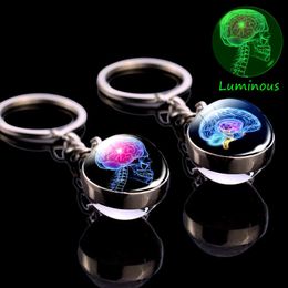 Glowing Skull Keychain Anatomy Key Chain ECG Heart Brain Luminous Jewellery Stainless Steel Glass Ball Keychain Doctor Gift G1019