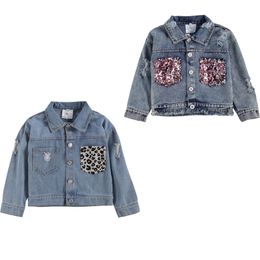 FOCUSNORM 1-6Y Fashion Infant Baby Girls Denim Jacket Leopard/Sequined Print Long Sleeve Single Breasted Blue Coats 2 Style 211204