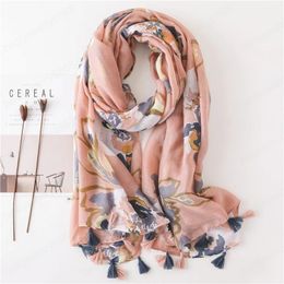 Floral Printed Scarf Shawls Hijabs With Tassels Fashion Beach Travel Long Shawls Muslim Head Wraps