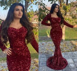 Glitter Burgundy Sequined Mermaid Evening Dresses Long Sleeve Sweetheart Spring Autumn 2021 Prom Party Gowns Women Celebrity Formal Occasion