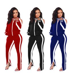 New Fall winter Women tracksuits long sleeve outfits striped jacket+split pants two 2 Piece Set Plus size S-Casual black sweatsuits outdoor jogger suits 5787