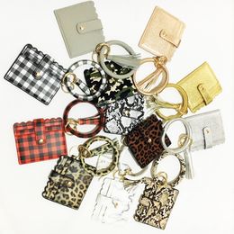 PU Leather Bangle Bracelet Card Bag Keychain Wristlet Keyring Leopard Leather Bracelet Credit Card Holder With Tassel