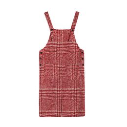 PERHAPS U Strap Red Plaid Button Slash Neck Sleeveless Knee Length Dress Straight Winter Pocket Casual D0831 210529