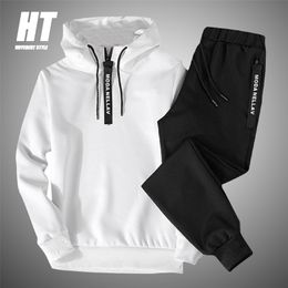 Solid Colour Men's Sportswear Sets Patchwork Zipper Tracksuit Men Spring Casual Hooded Sweatshirt Hoodies 2PC+Pants Jogging Suit 211006