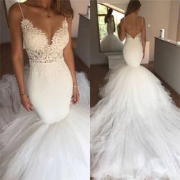 Sexy Bohemian Spaghetti Mermaid Wedding Dresses Bridal Gowns Appliqued Lace Applique Boho Backless Court Train Satin Ruched Tulle Beach Vestido de noiva Custom