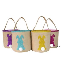 Easter Bucket Easter Bunny Buckets Jute Round Bottom Sequins Rabbit Ear Basket Easter Rabbit Tail Handbags Kids Candy Egg Gift Bag RRA9908
