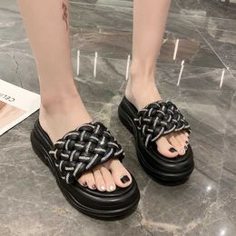 Platform Thick Slippers Woven Casual Rimocy Women Summer Outdoor Beach Crystal Slides Woman Non Slip Open Toe Wedges Shoes Lady 21052 81