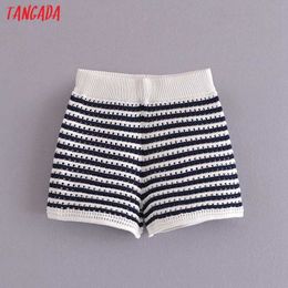Tangada Women Elegant Striped Knit Shorts Strethy Waist Female Retro Basic Casual Shorts Pantalones SW42 210609
