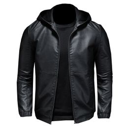 Faux Leather Jacket Mens Windproof Slim Large Size Hooded Leather Jacket High Quality Casual Black PU Jacket M-5XL