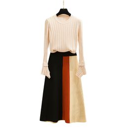 Sweater Suits Autumn Winter Retro Elegant Skirt Two-piece Suit Female Fashion Plus Size A-Line Skirts 210601