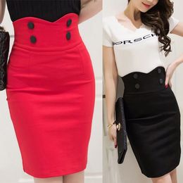 High Waist Elastic Women Skirts Elegant Slim Solid Color Black Red Double Button OL Sexy Back Slit Pencil Skirts For Women 210309