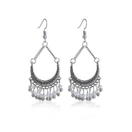 Retro Ethnic Crescent-shaped Crystal Rice Beads Tassel Dangle Earrings For women Silver Color Alloy Fashion Boho Jewelry Gifts
