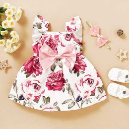 Baby Girls Dress Fly Sleeve Sunflower Floral Print Princess Dress+Headbands Children Sundress Summer Clothes Q0716