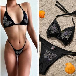 Luxury Bikini Set Bling Halter Swimsuit Women Crystal Diamond Sexy Swimwear Female Bathing Suit Push Up Bandage Beach 210604