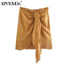 KPYTOMOA Women Fashion With Tassel Knot Detail Mini Skirt Vintage High Waist Back Zipper Female Skirts Mujer 210309