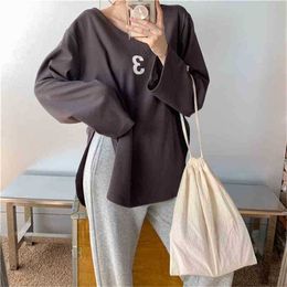 Split Printed Tee Retro Gentle Chic Loose Basewear Warm Casual Tops Full-Sleeved Pullovers T-shirts 210525