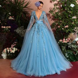 Light Sky Blue Sequined Prom Dresses Deep V Neck A Line Appliqued Evening Gowns Sweep Train Tulle Pleated Formal Dress