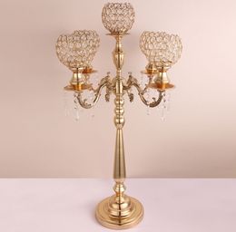 85CM 33.4inch Gold Silver Alloy Candlestick Table Ornament Candelabra With Crystal Pendants five holder Wedding Prop Candle Holders