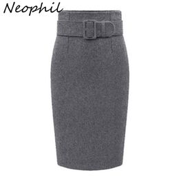 Neophil Winter Grey Thick Wool Midi Pencil Skirts Plus Size Women Casual Slim High Waist Belt Office Work Wear Saias S1205 210310