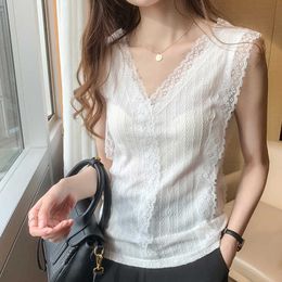 Shintimes Lace Vintage Black Tank Top Women Clothes White Summer Sleeveless Ladies Tops V-Neck Camisole Camis Haut Femme 210615