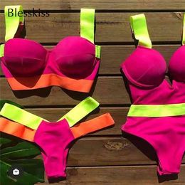 BLESSKISS Sexy Push Up Bikini Women Swimsuit Thong Cut Out Neon Bandage Brazilian Swimwear Bathing Suit Swim Set 210629