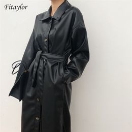 Fitaylor PU Leather Long Jacket Spring Women Loose Belt Faux Leather Windbreaker Trench Coat Slim Spring Jacket 210916