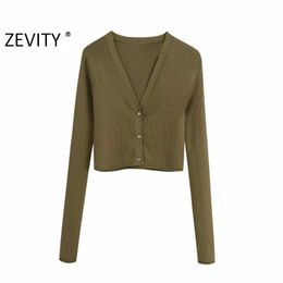 Zevity women simply v neck long sleeve short knitted casual slim sweater female breasted cardigans sweaters chic tops S340 210603