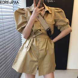 Korejpaa Women Dress Korea Chic Summer Simple Casual Lapel Single-breasted Strap Bow Multi-pocket Tooling Short Vestido 210526