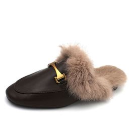 LazySeal Winter New Real Fur Metal Buckle Mules Women Shoes Loafers Pregnant Shoes Women Furry Slides Fluffy Hairy Flip Flops K722