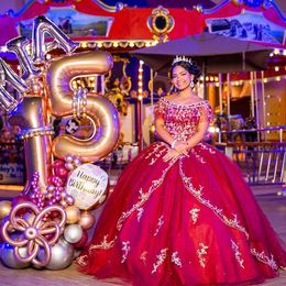 Gorgeous Vestidos De 15 Anos 2022 Red Beaded Quinceanera Dress Off the Shoulder Sweet 16 Dress Long Bridal Party Wear