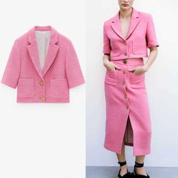 Women Spring Textured Cropped Blazer Za Short Sleeve Metal Button Vintage Coat Blazers Woman Patch Pockets Outerwear Top 210602