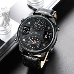 Big Dial Black Dual Display Army Man Watches Leather Band Steel Men Male Quartz Watch Wristwatches Clock