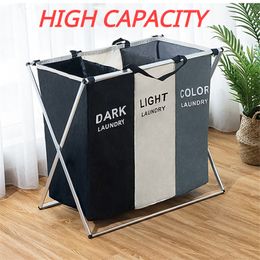 SWT Dirty Clothes Storage Basket Three Grid Organiser Basket Collapsible Large Laundry Hamper Waterproof Home Laundry Basket 210316