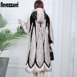 Nerazzurri runway patchwork faux fur coat with hood pink long winter women fashion coats plus size color block outwear 7xl 210222