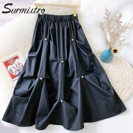 SURMIITRO Midi Skirt Women Summer Fashion Korean Style Black White Beaded Mid-Length High Waist Pleated Skirt Female 210712